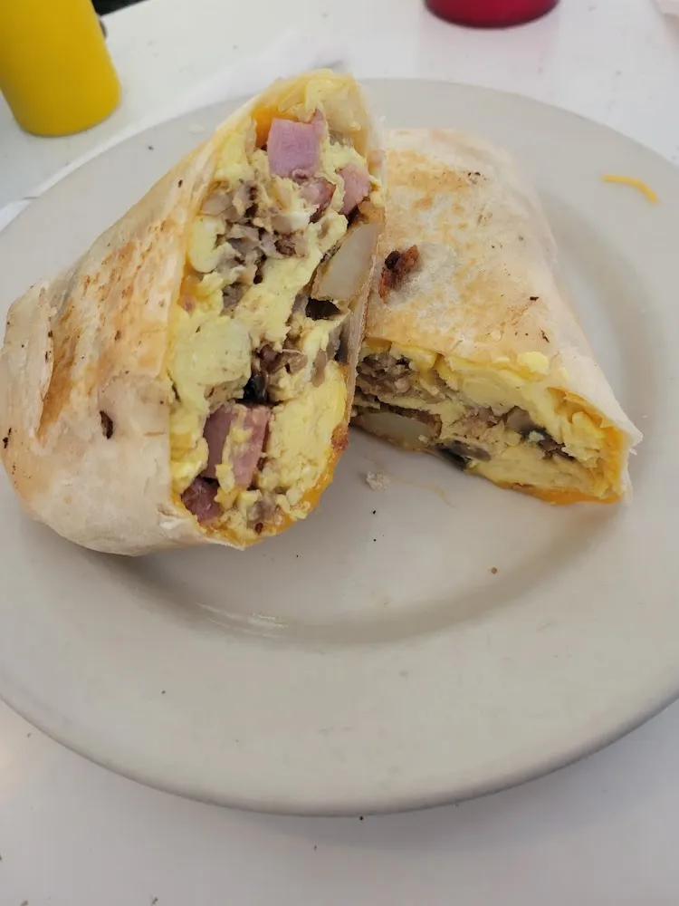 Breakfast Burrito with Cheddar Mushrooms Sausage and Ham