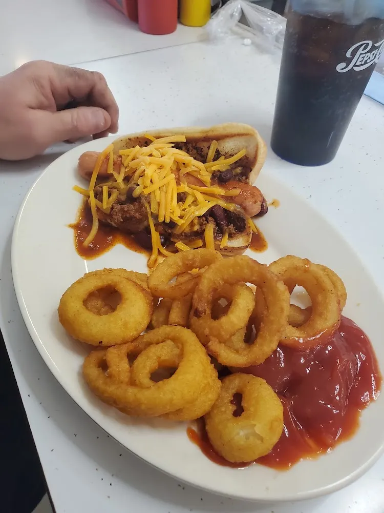 Onion Rings and Chili Dog